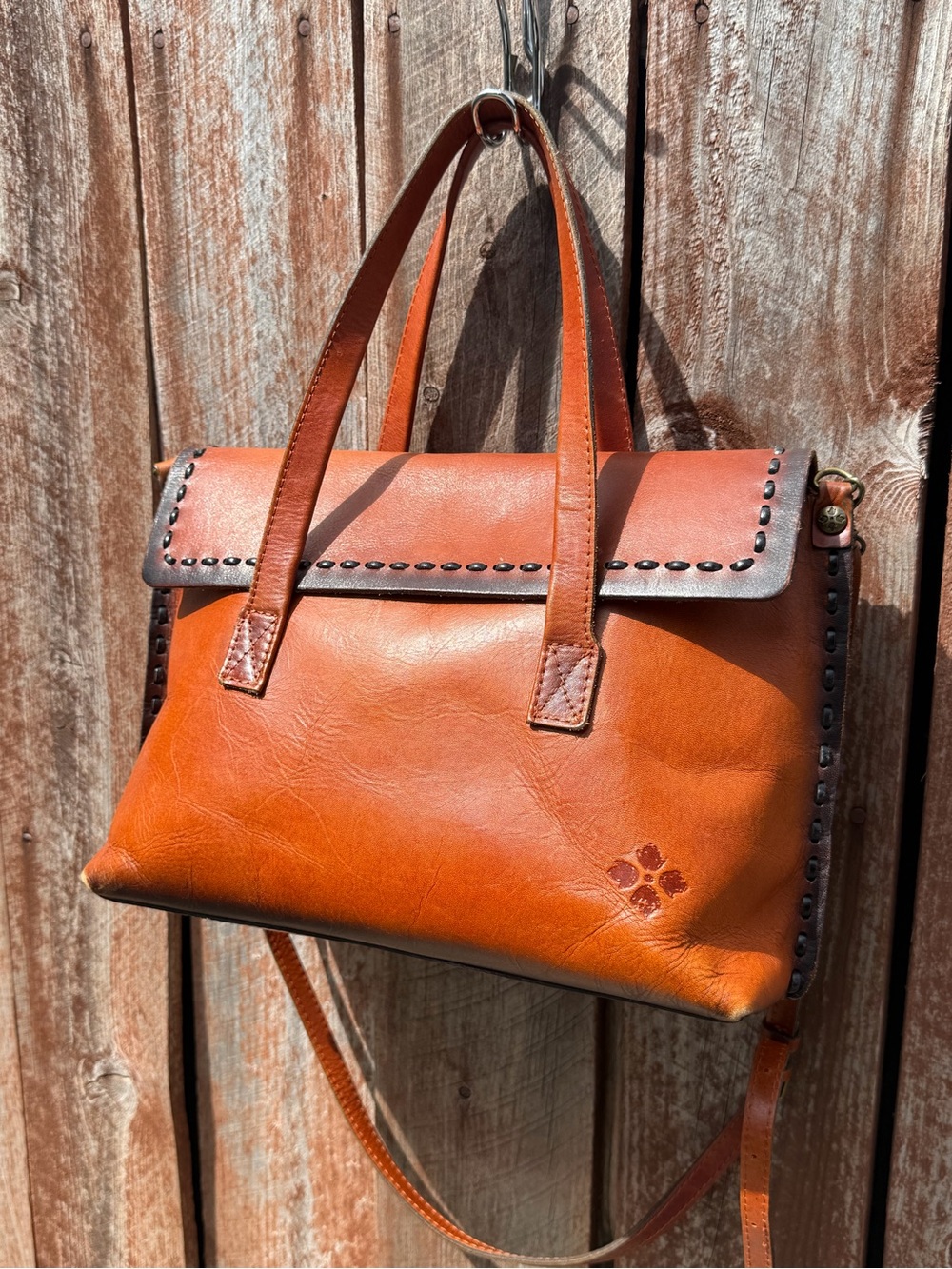 Patricia Nash Rustic Orange Leather Satchel with Stud Trim